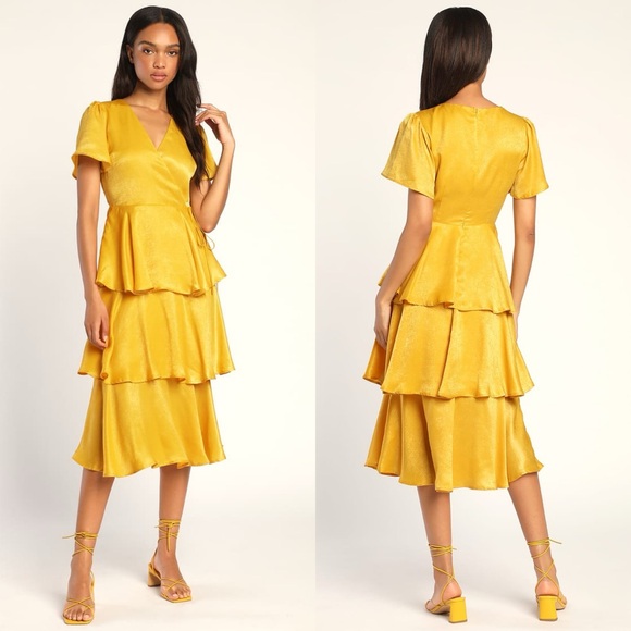 Lulus Dresses & Skirts - Lulus | Always Forever Mustard Flutter Sleeve Tiered Satin Midi Dress